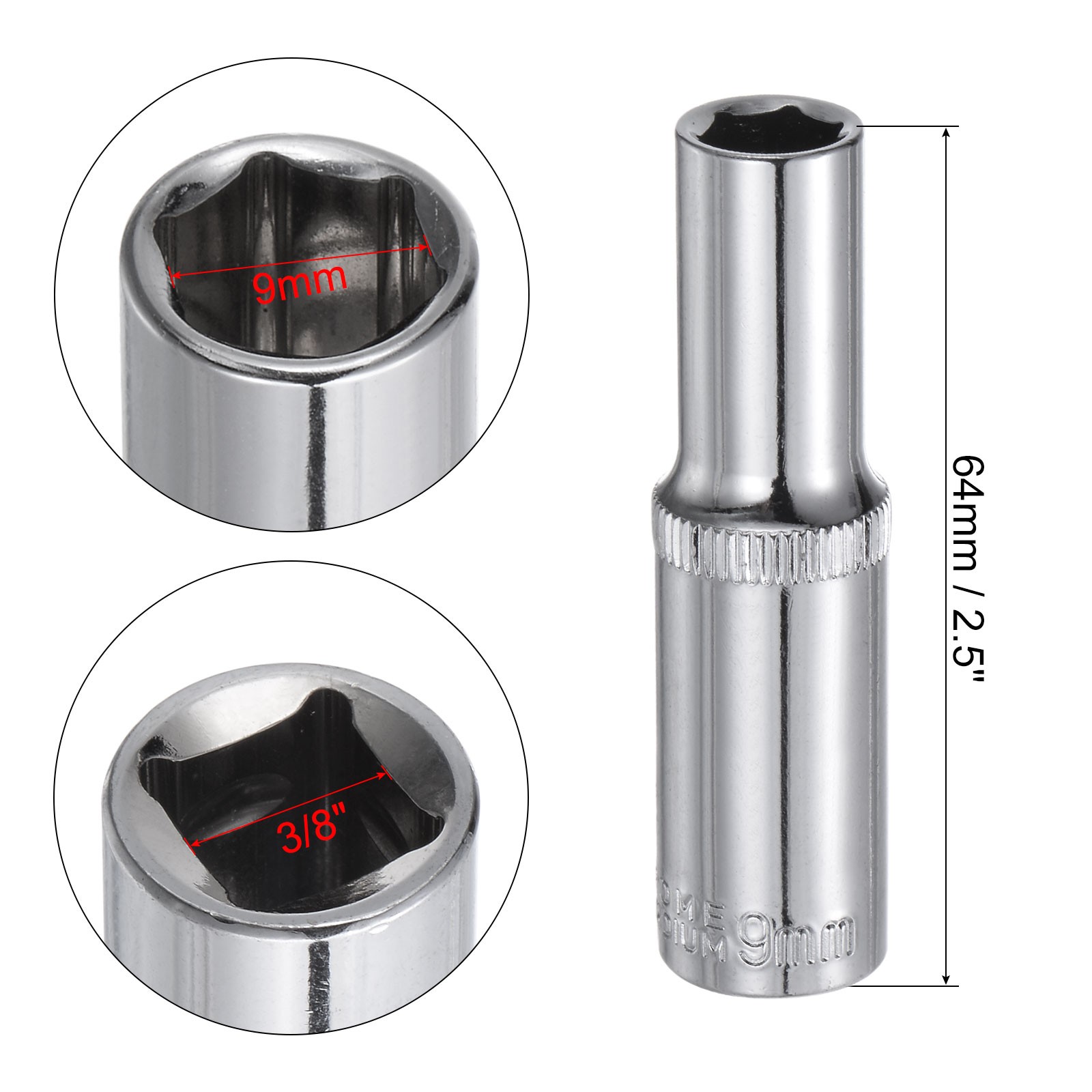 2Pcs 3/8-inch Drive 9mm Cr-V 6-Point Deep Socket