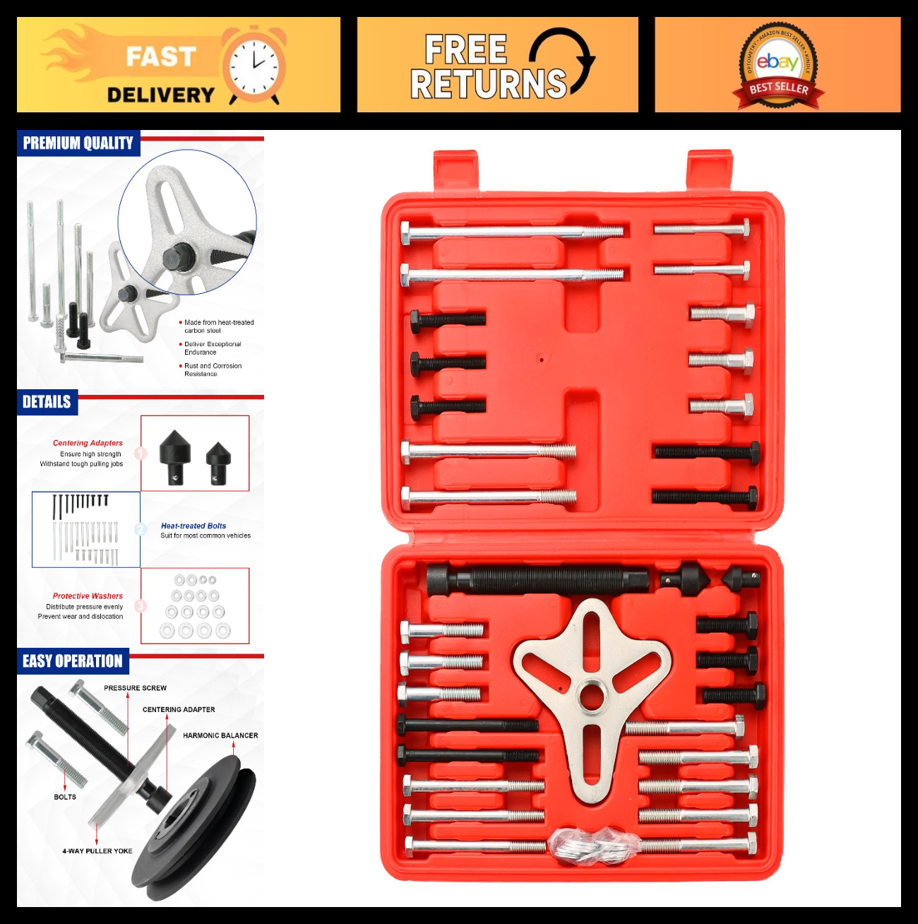 46pcs Harmonic Balancer Puller Kit, Crankshaft & Steering Wheel Pulley Set for C