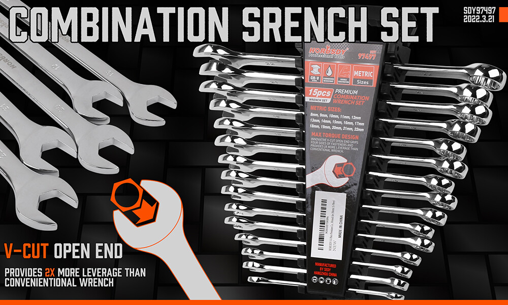 15PC Combination Spanner Wrench Ring Open Ended 8-22mm Metric 12 Point «V» Notch