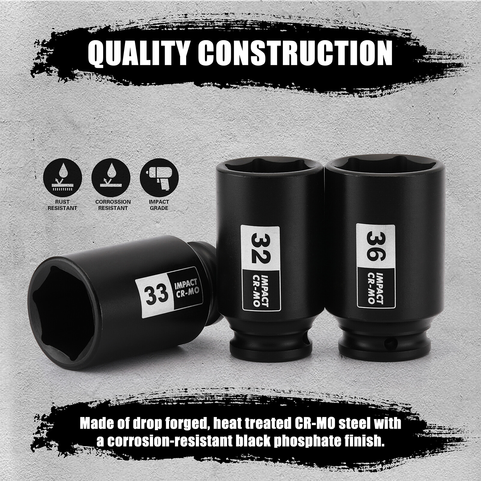 1/2» Drive Deep Spindle Axle Nut Impact Socket Set 6 Point CR-MO,32,33,35,36mm