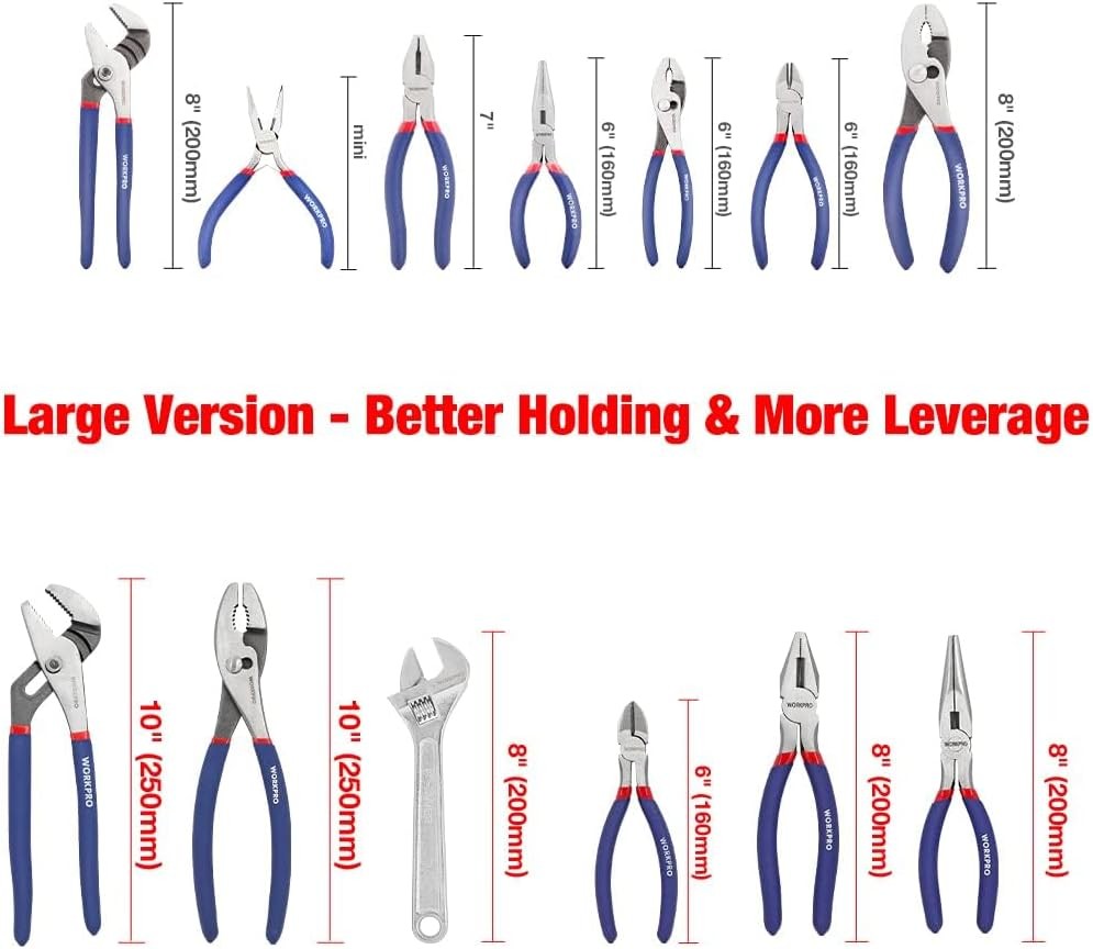 WORKPRO Large Pliers & Wrench Set 6-Piece (10″ Water Pump, 10″ Blue, Silver