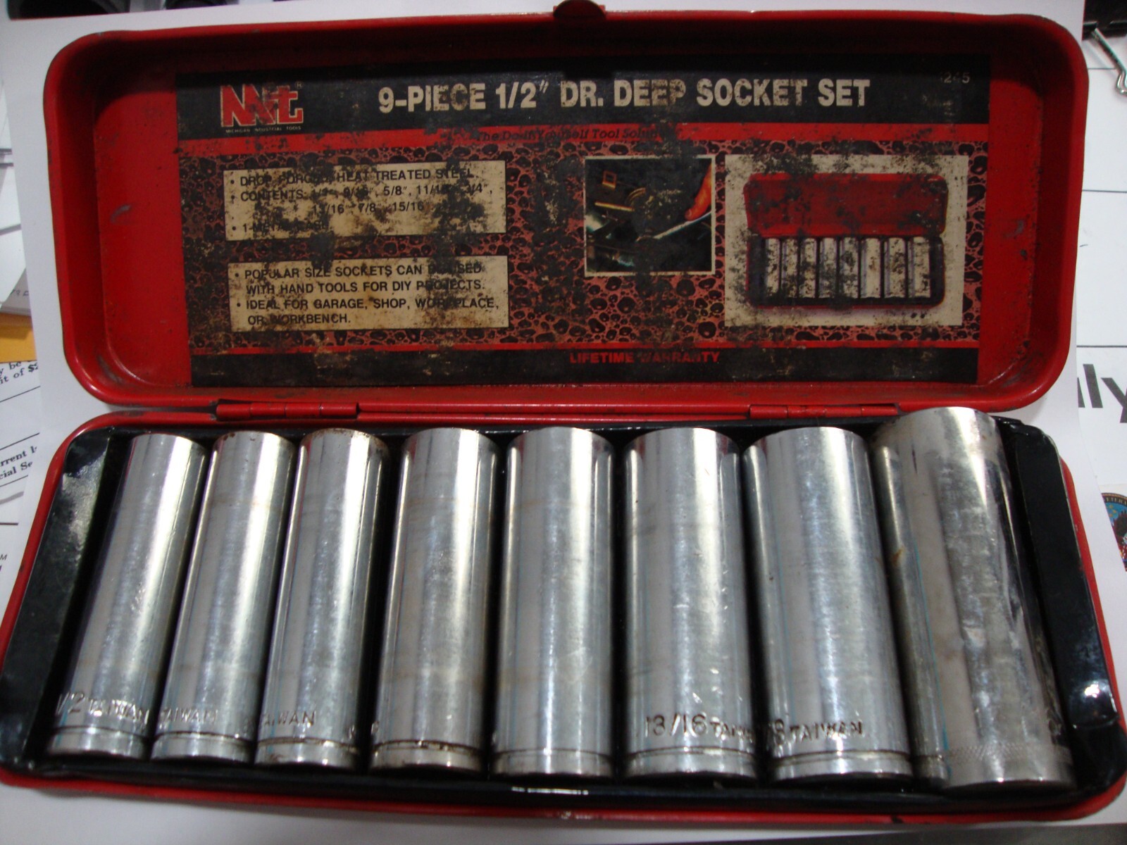 MIT 8 piece 6pt Deep Socket set 1/2″ drive SAE metal case, 1/2″ up to 15/16″