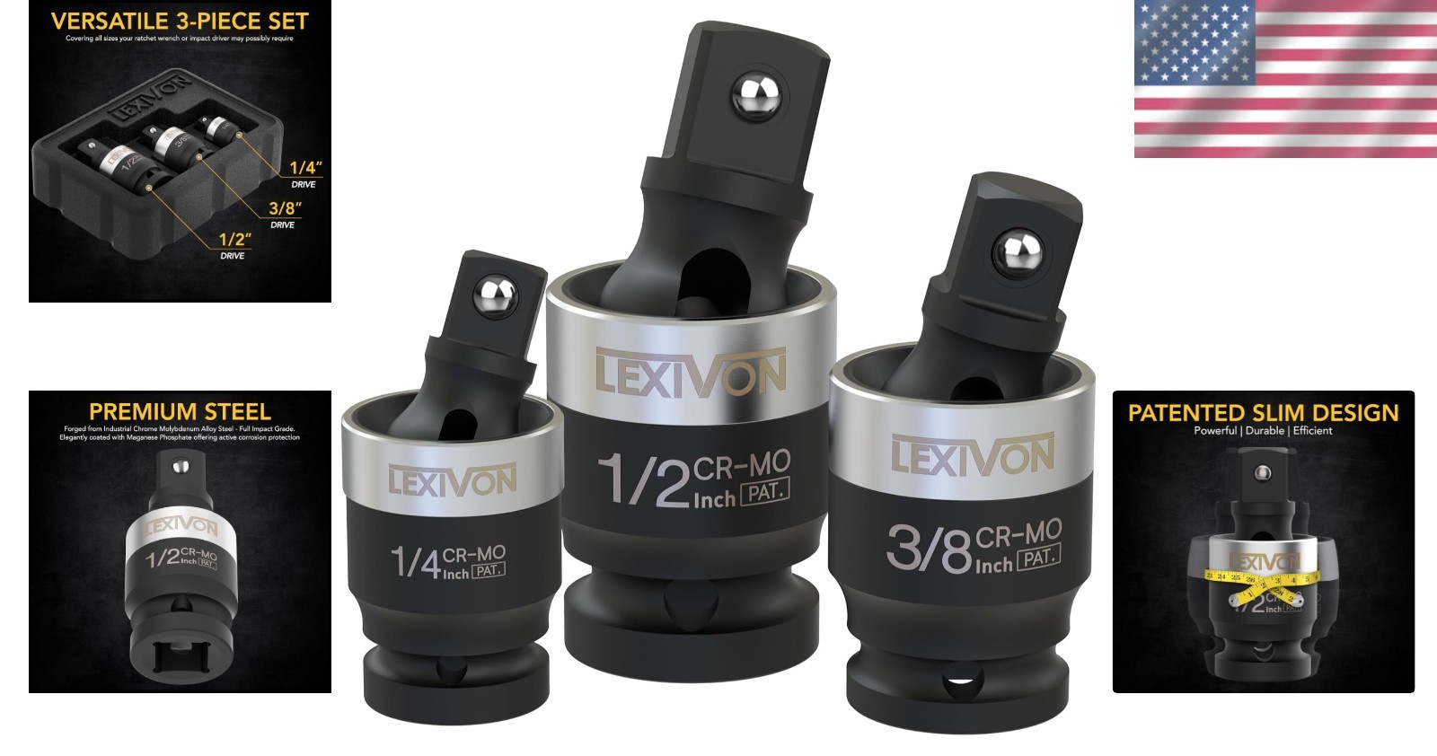 3-Piece SLIM Socket Swivel Set – Chrome-Molybdenum Steel for Tough Tasks