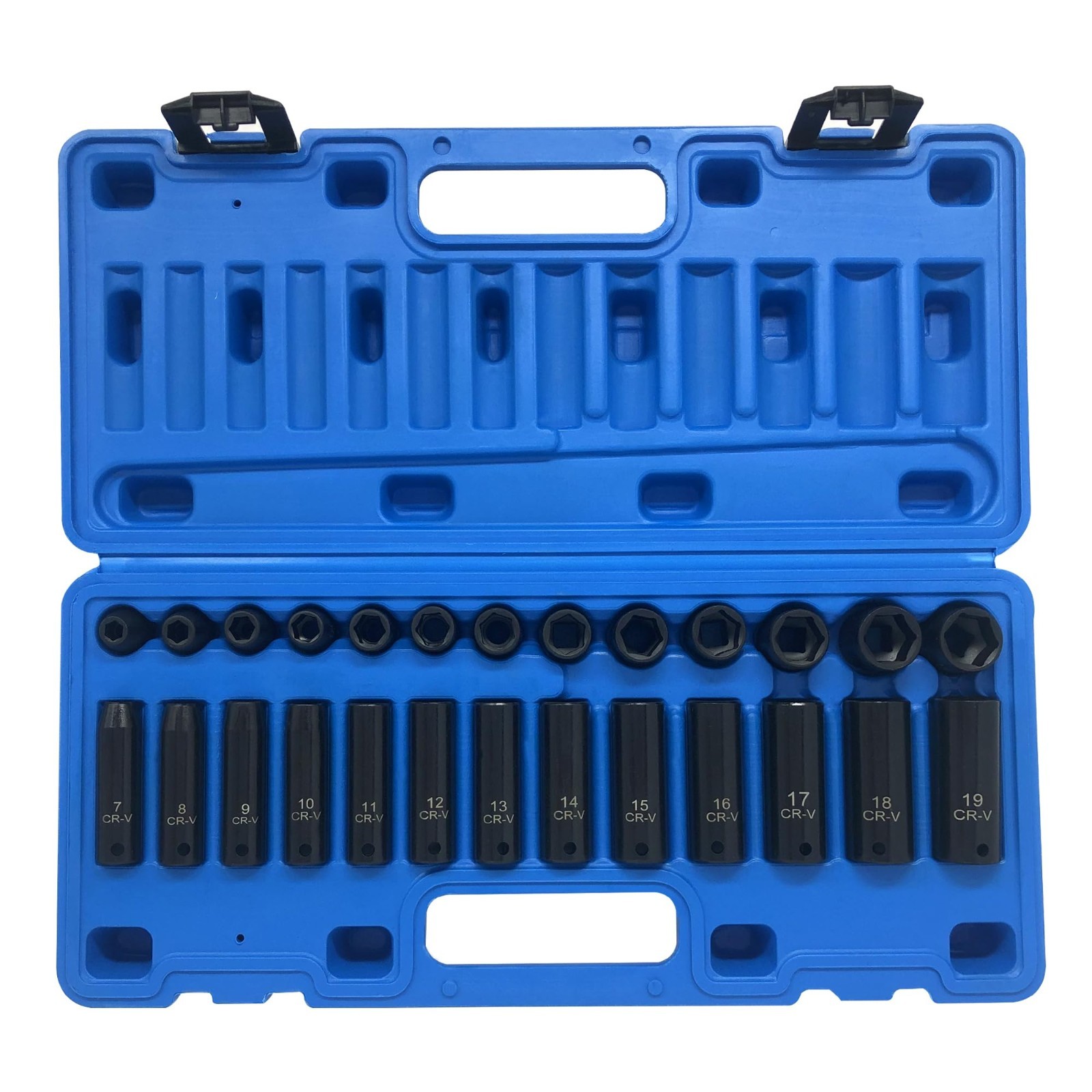 26pcs 3/8″ Impact Socket Set, Deep & Standard, Metric 7mm-19mm, 6-Point, Cr-V St