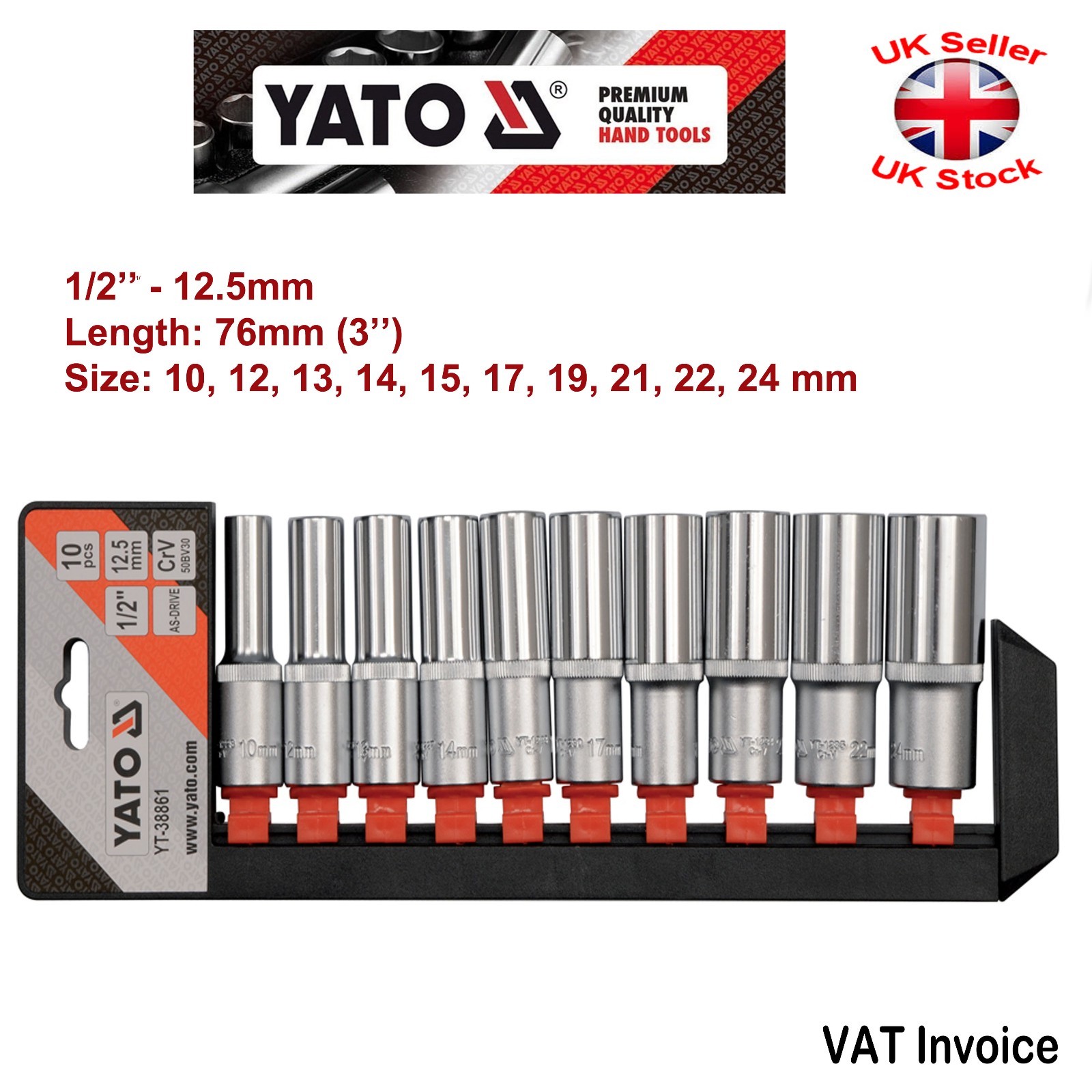 Yato Professional 1/2″ 76mm Long DEEP SOCKET SET 10 Pcs 10-24mm YT-38861