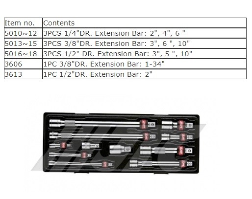 11PCS LOCKABLE EXTENSION BAR SET 1/4″ , 3/8″, 1/2″ , JTC TOOLS # K1113
