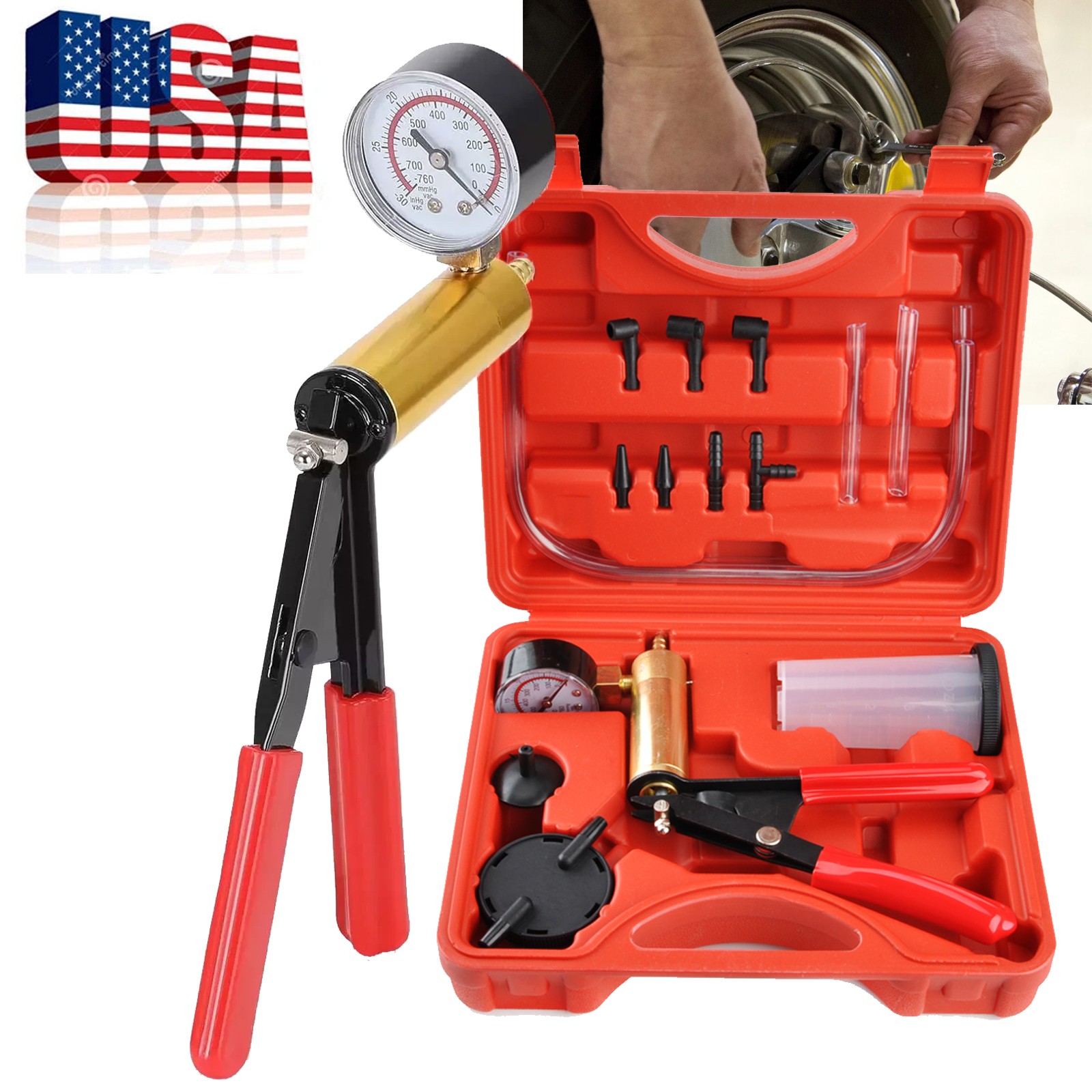HandHeld Vacuum Pressure Pump Tester Set Brake Fluid Bleeder Bleeding Kit w/Case