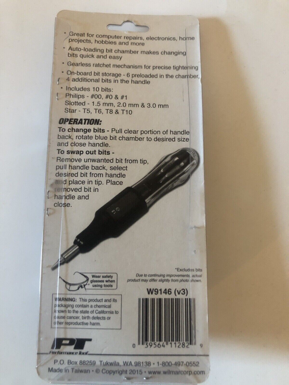Brand New PERFORMANCE TOOL — 10-PIECE Gearless Auto-loading Bit Driver W9146