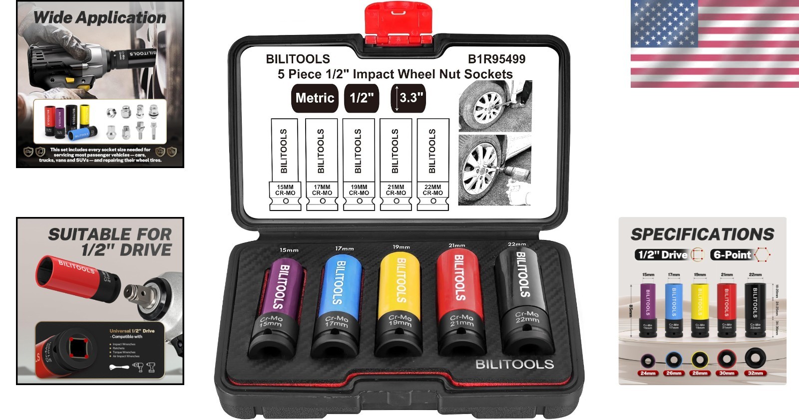 Durable Non-Marring 1/2 Inch Drive Lug Nut Socket Set – 15, 17, 19, 21, 22MM