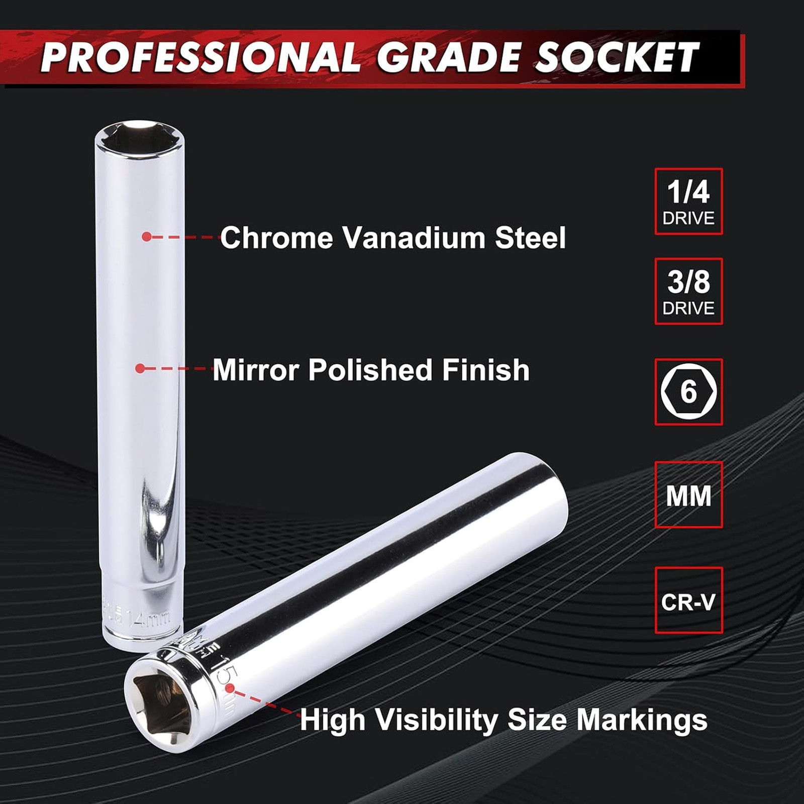 12 Piece Deep Socket Set 3/8 and 1/2 Inch Drive Impact Grade Chrome Vanadium