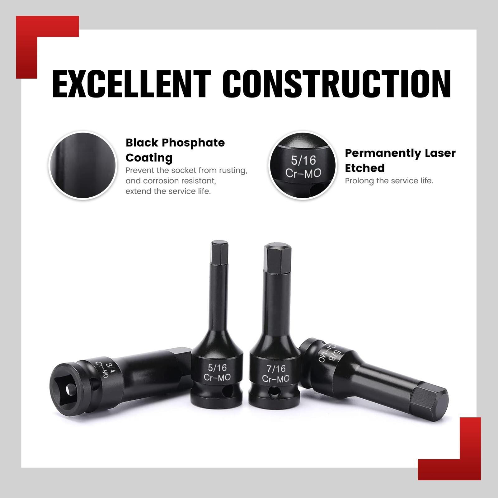 8 PCS 1/2 » Drive SAE Hex Impact Socket Set, 1/4″ to 3/4″, Master Impact,Cr-Mo