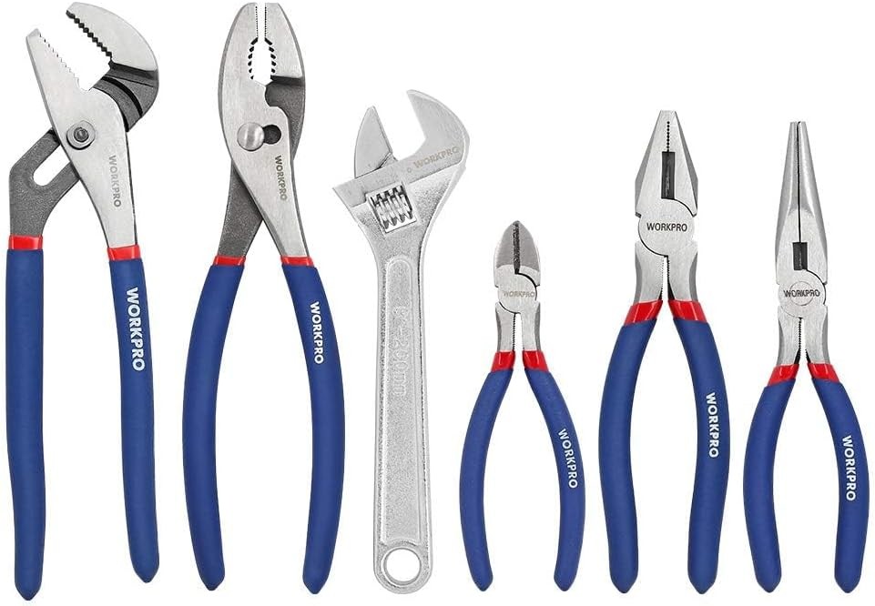 WORKPRO Large Pliers & Wrench Set 6-Piece (10″ Water Pump, 10″ Blue, Silver