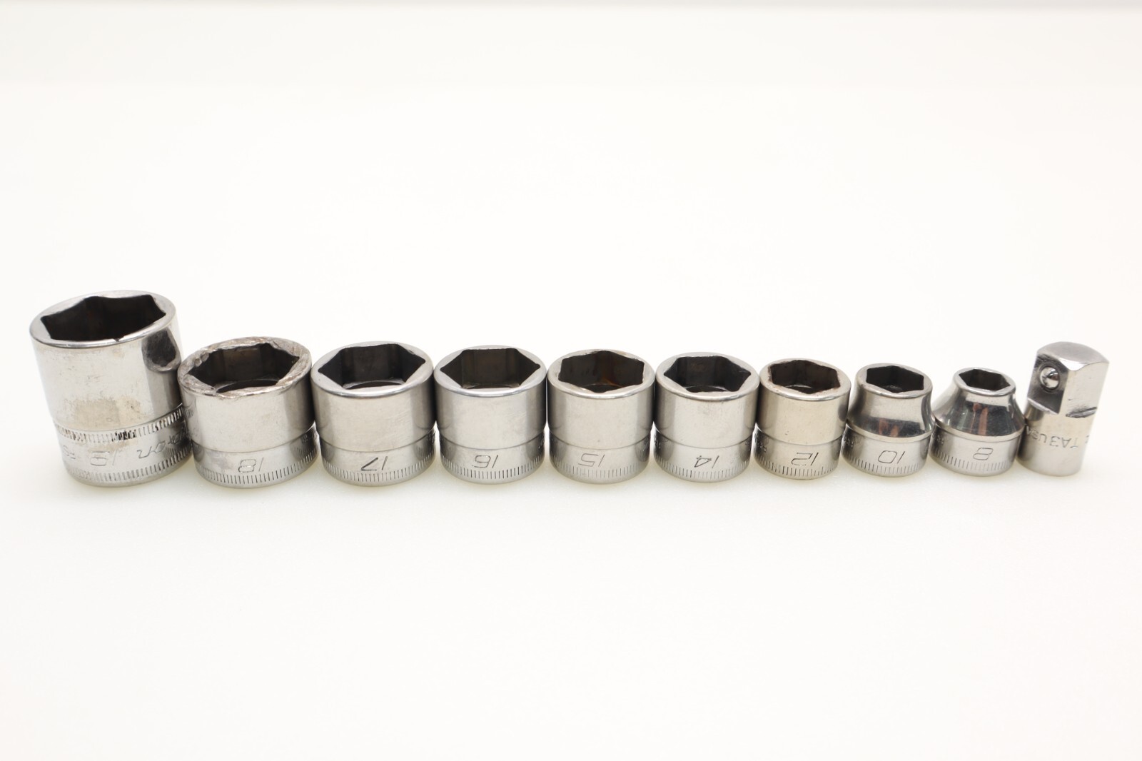 Snap On 9Pc 3/8″ 6PT Drive Shallow Socket Set 19, 18, 17, 16, 15, 14, 12, 10, 8