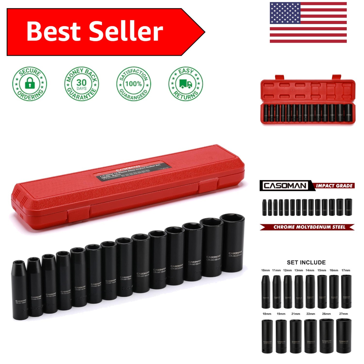 Professional 14-Piece Deep Impact Socket Kit – 6-Point Design, Easy Read Marking