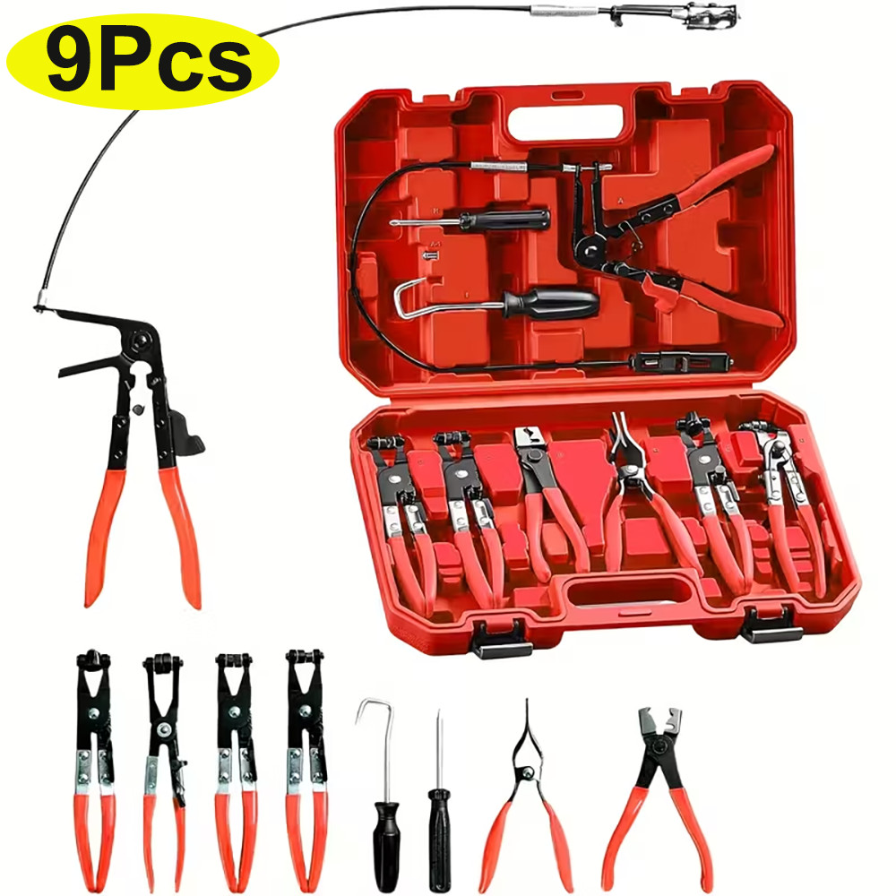 9Pcs Hose Clamp Pliers with Flexible Wire Long Reach Swivel Jaw Flat Band Plier