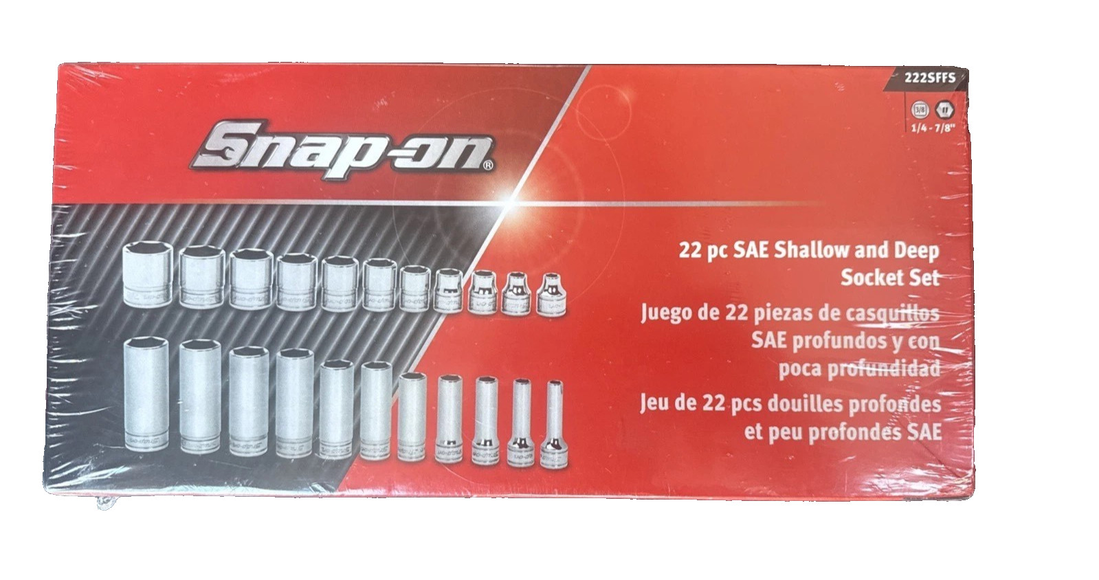 New Snap-on 3/8″ drive 1/4″ thru 7/8″ 22-pc 6-point Shallow Deep Socket 222SFFS