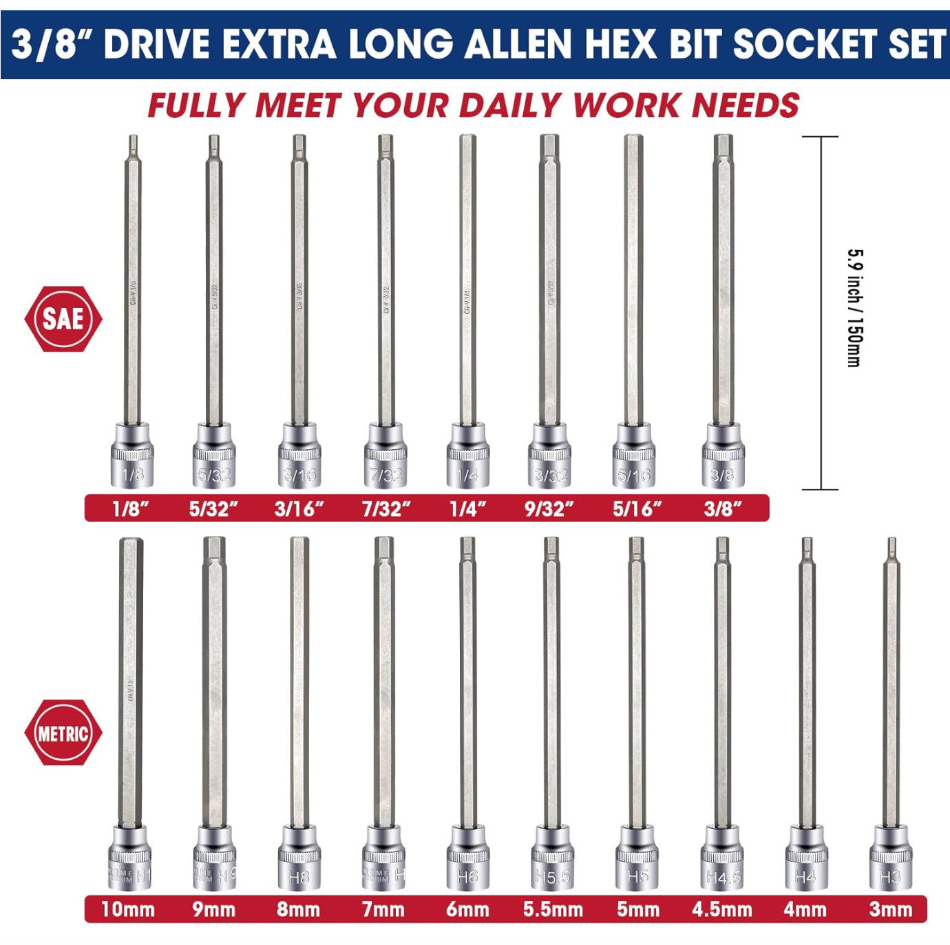 18piece 3/8 Inch Drive Extra Long Allen Hex Bit Socket Set Sae & Metric 1/83/8