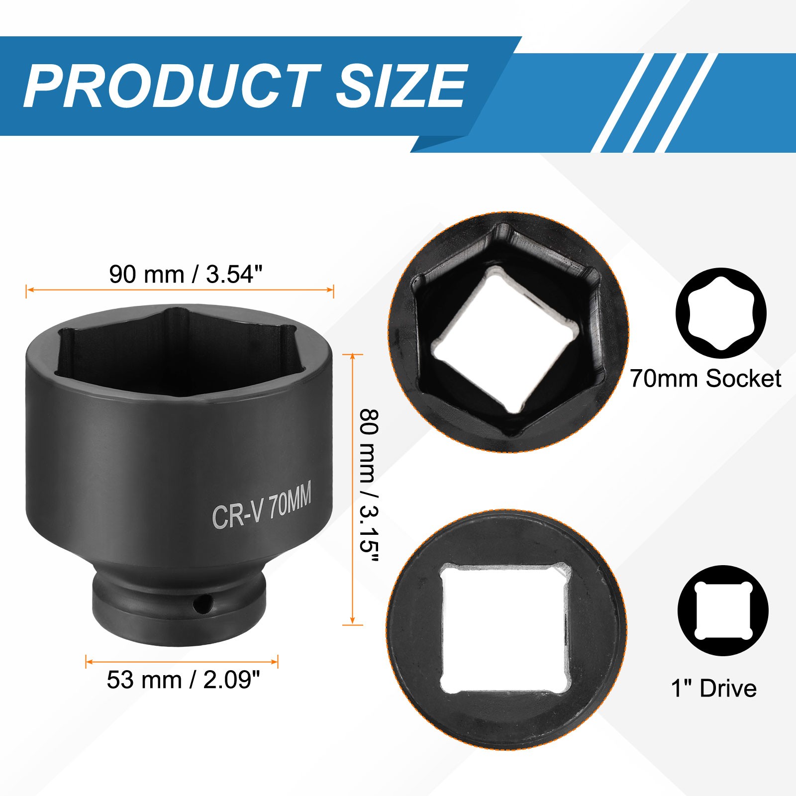 1 Inch Drive 70mm 6 Point Impact Socket Chromium Vanadium Steel