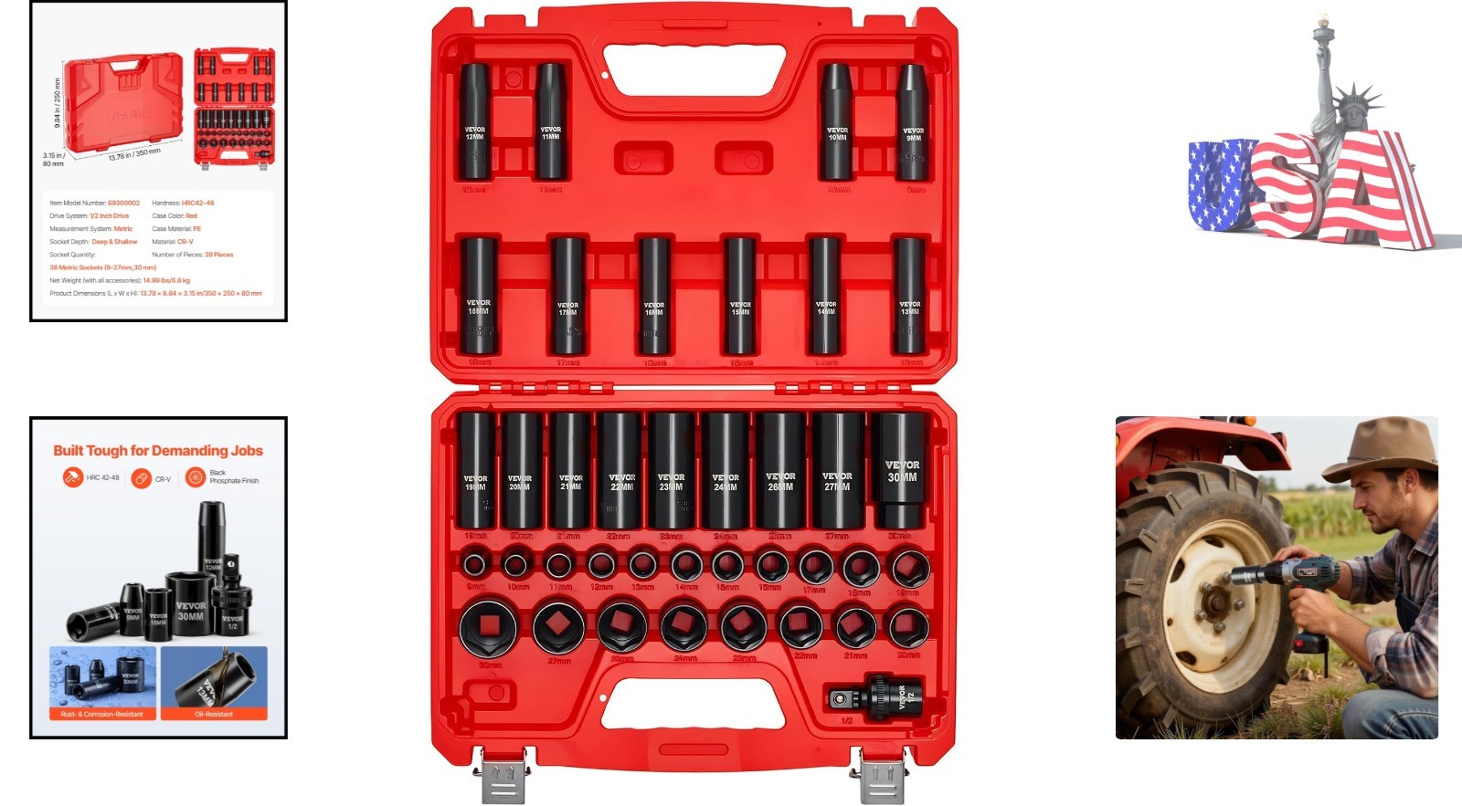 Durable 39-Piece Impact Socket Set in Carry Case: 1/2″ Drive, Metric 9-30 mm