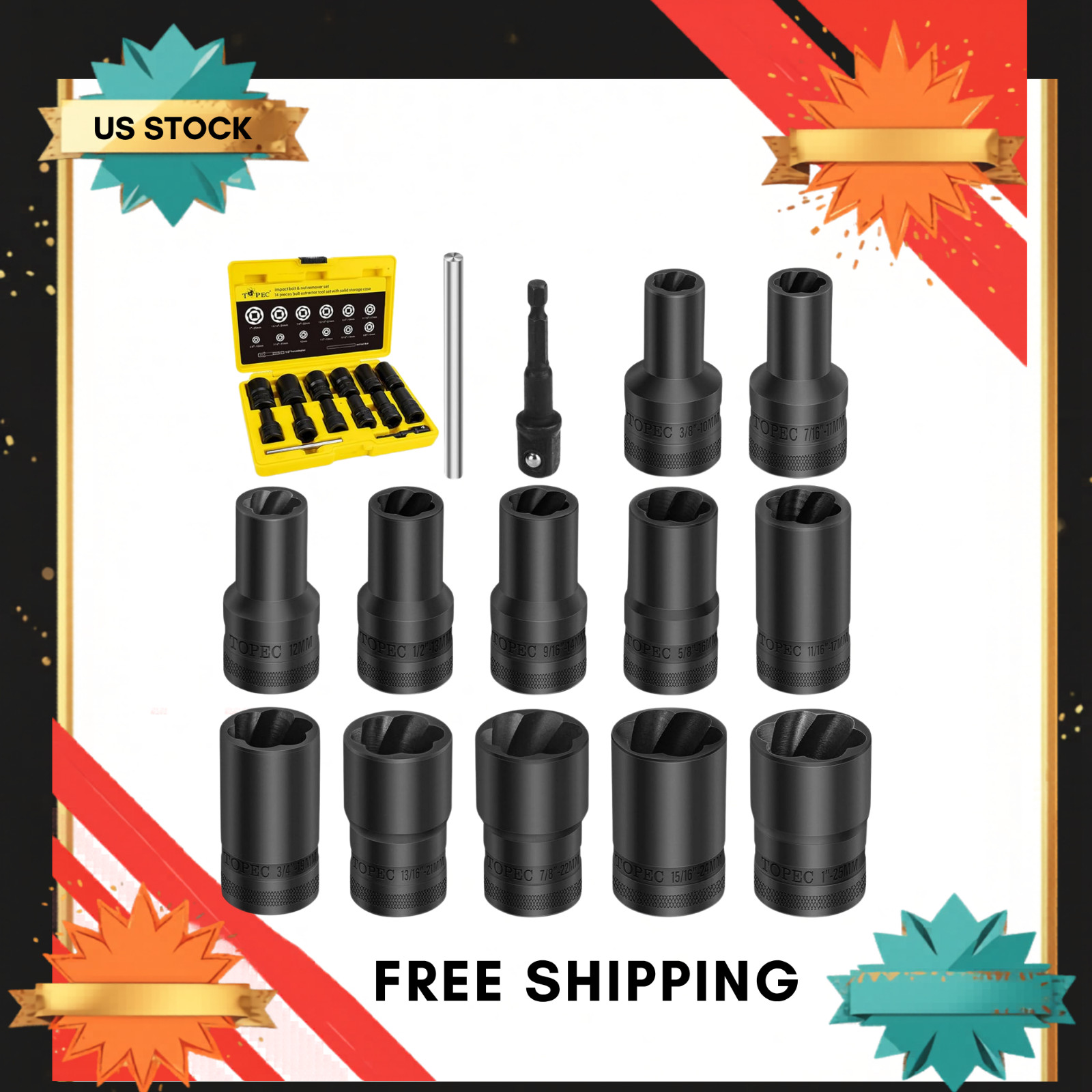 14PCS Lug Nut Removal Tool 1/2″ Drive Extractor Set 10-25mm Stripped Socket Kit