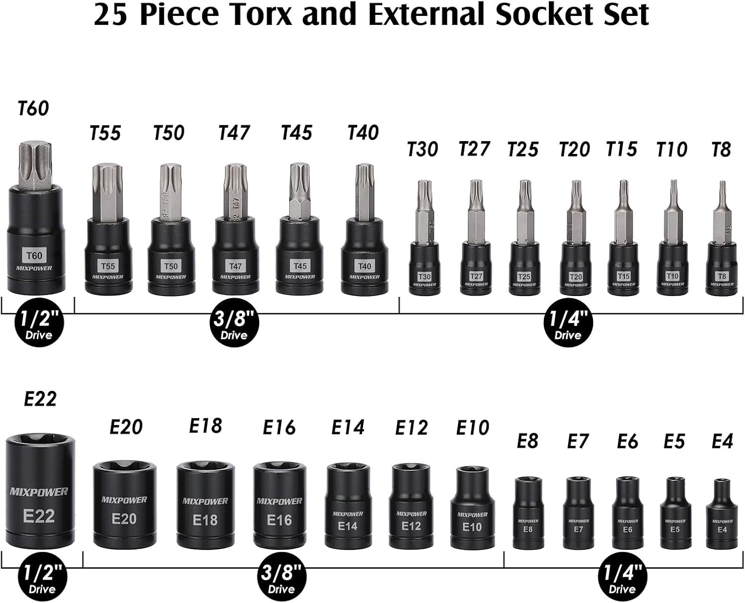 Durable Torx Bit and E-Torx Socket Set – Essential 25-Piece Mechanics Tool Kit