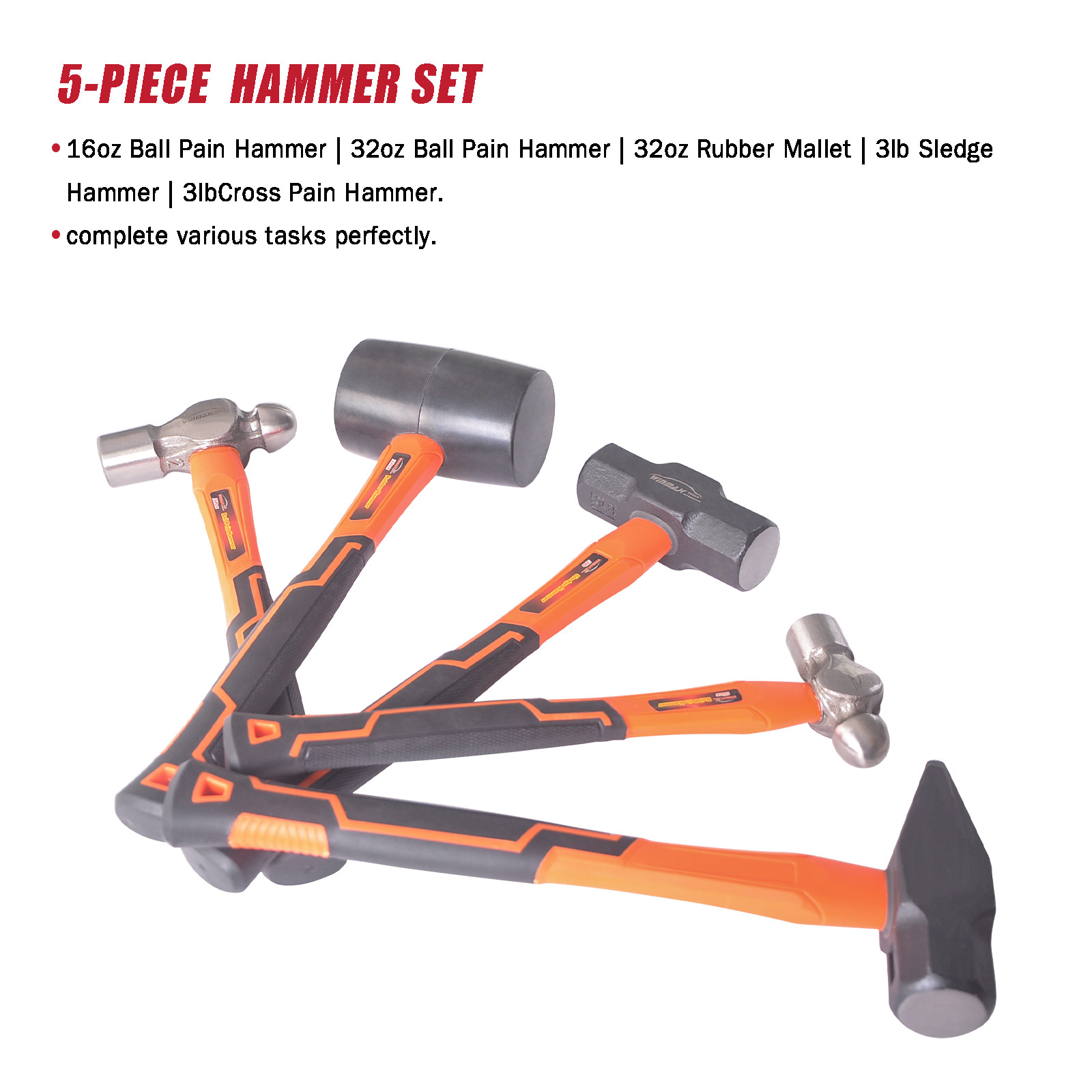 5Pcs Hammer Set Cross Pein Hammer Ball Pein Hammer Rubber Mallet Sledge Hammer