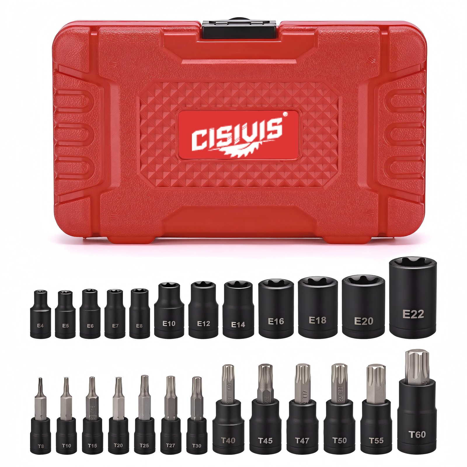 25PCS Torx Bit Socket and External Socket Set T8- T60 & 12 Female E-Torx Sockets