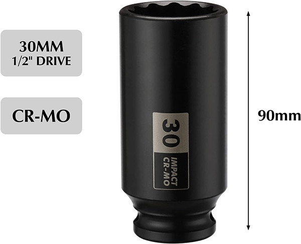 1/2 Inch Drive Deep Impact Socket 30mm Chrome Moly 12pt Metal Tool