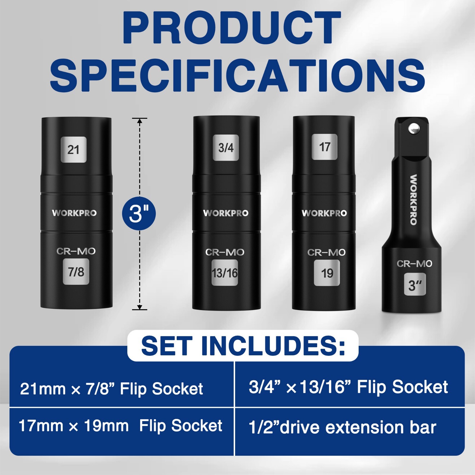 WORKPRO 4PCS Impact Socket Set 1/2″ Drive Wheel Socket Set Cr-Mo Steel Dual-Head