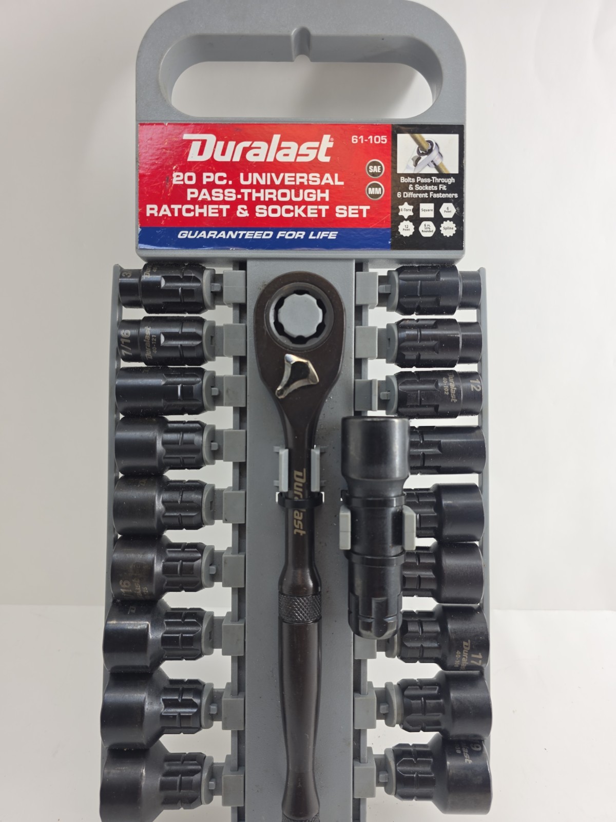 Duralast 61-105 20m pc universal pass-thru ratchet and socket set sae and metric