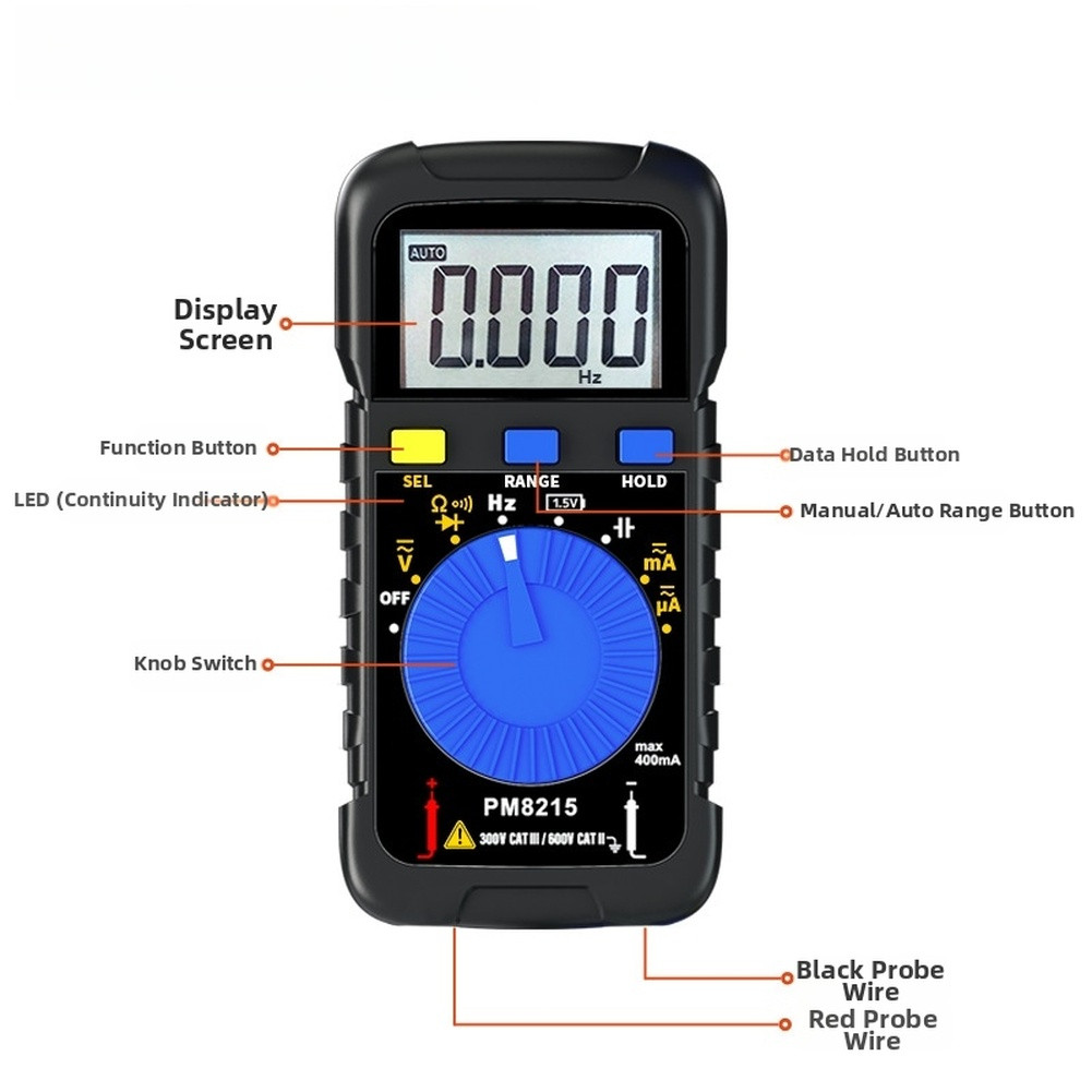 PM8215 Digital Multimeter Pocket Size AC DC Voltage Current Tester 3999 Count