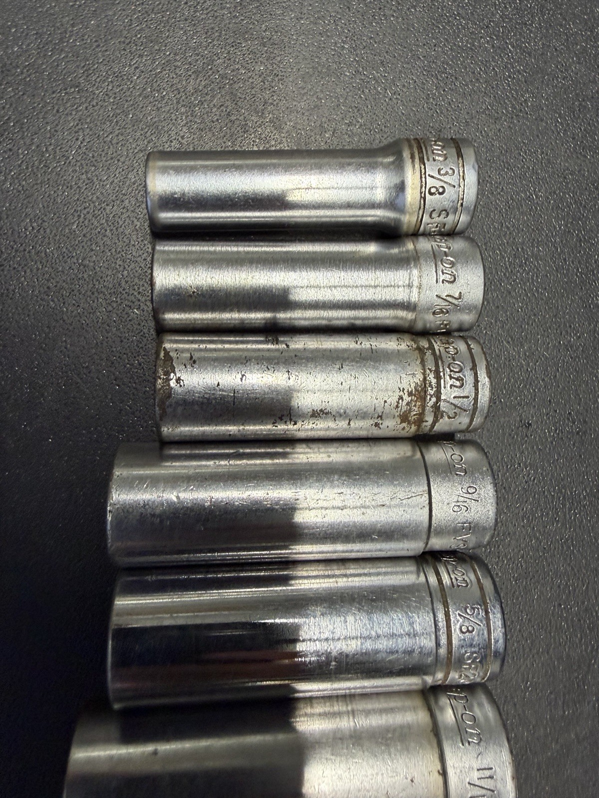 Snap-on 3/8” Deep Socket Set Sae 12 Point 3/8”—3/4”, 7/8 Rough Condition