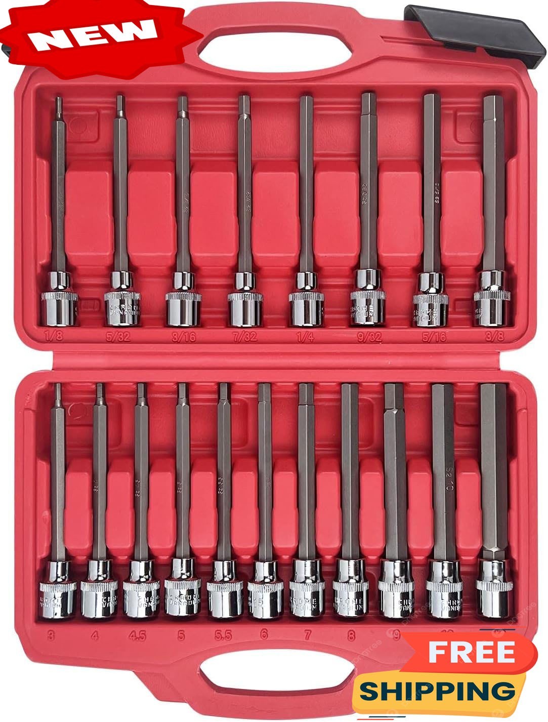 Juego de 19 dados Allen extra largos con punta hexagonal de 3/8″, SAE estándar y
