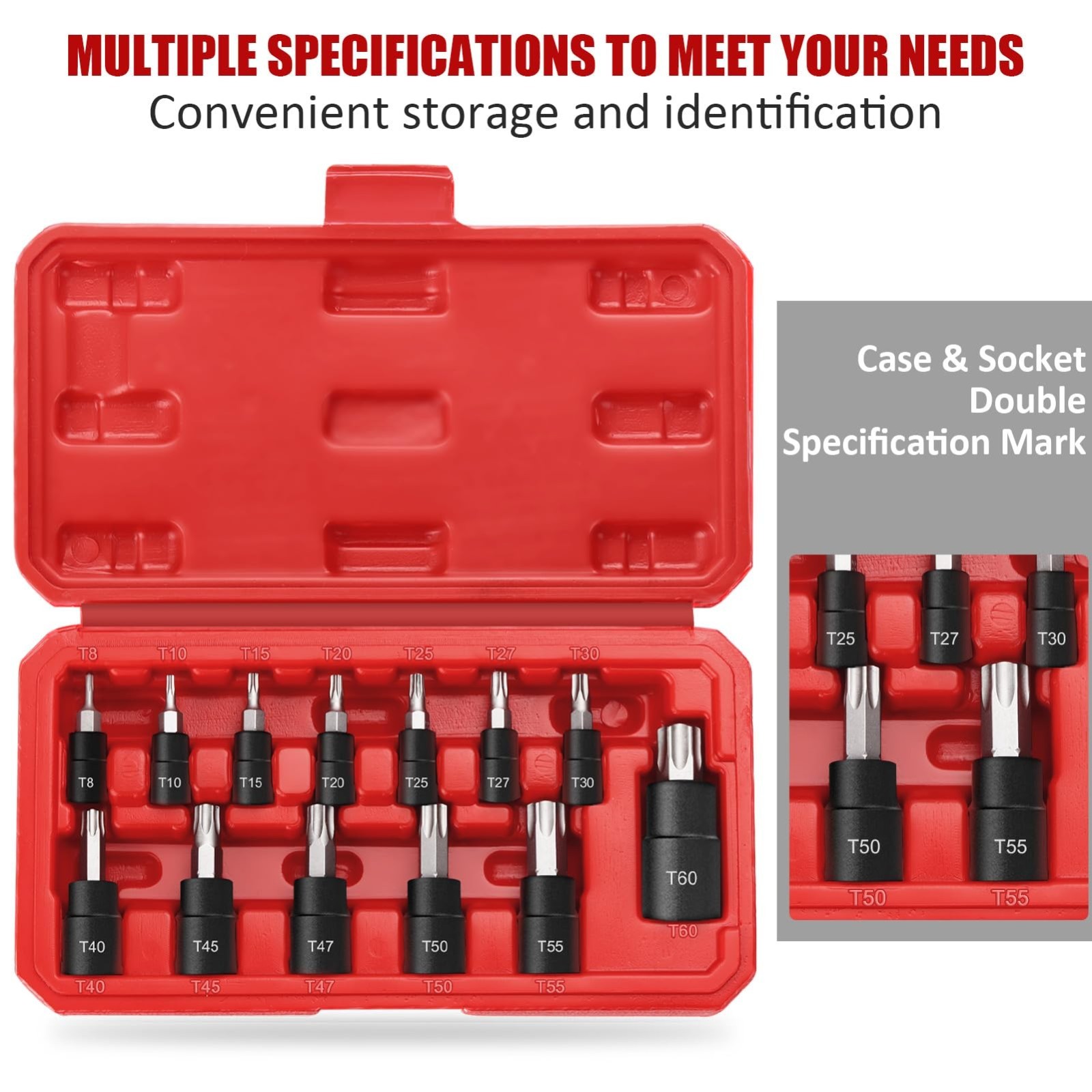 13-Piece Torx Bit Socket Set T8-T60, 1/4” 3/8” 1/2” Drive, S2 Steel & CR-V, Case