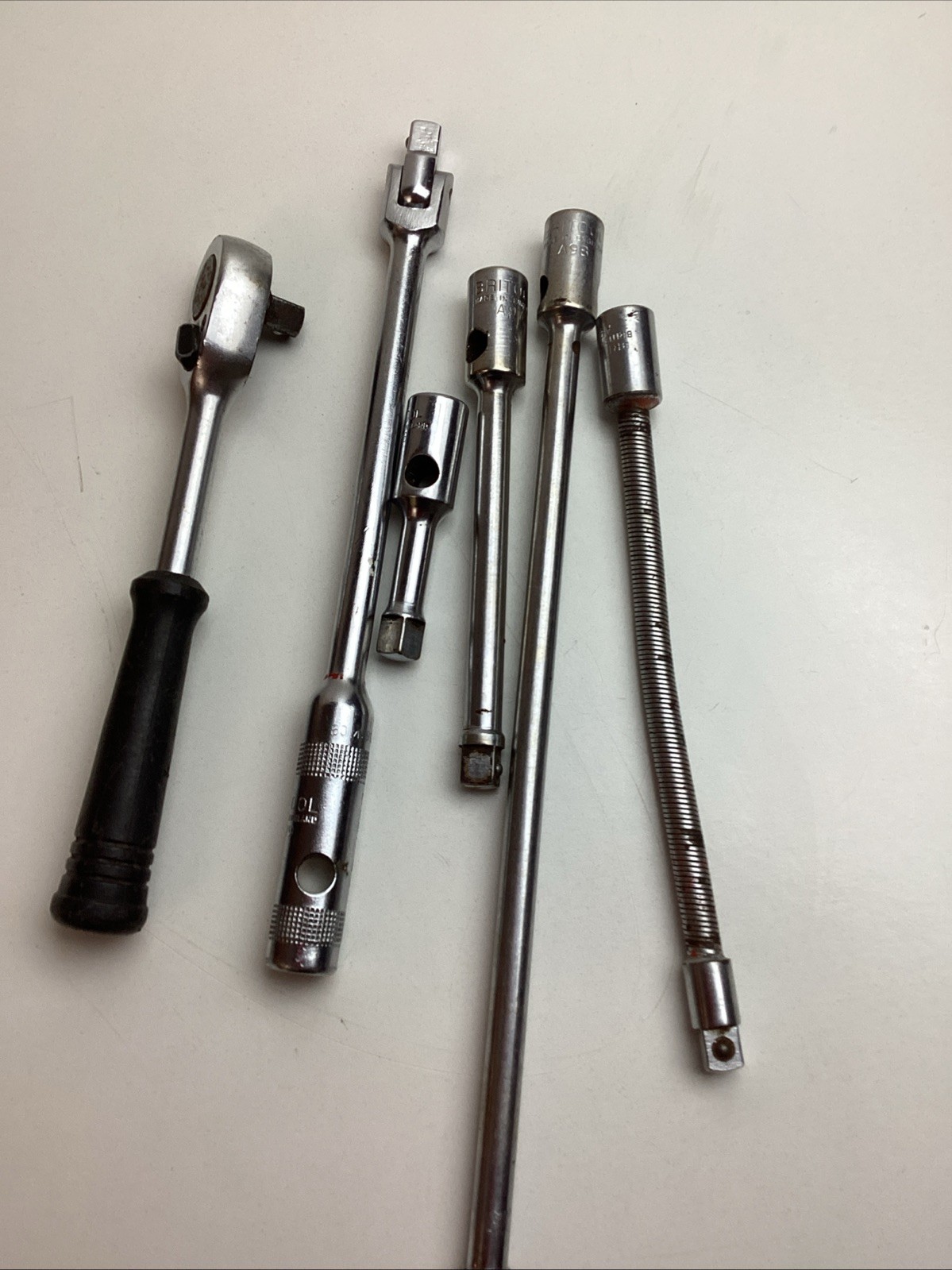 6 Pc BRITOOL 3/8”Drive Assortment. 4 Extensions. Ratchet. T Bar. Breaker Bar