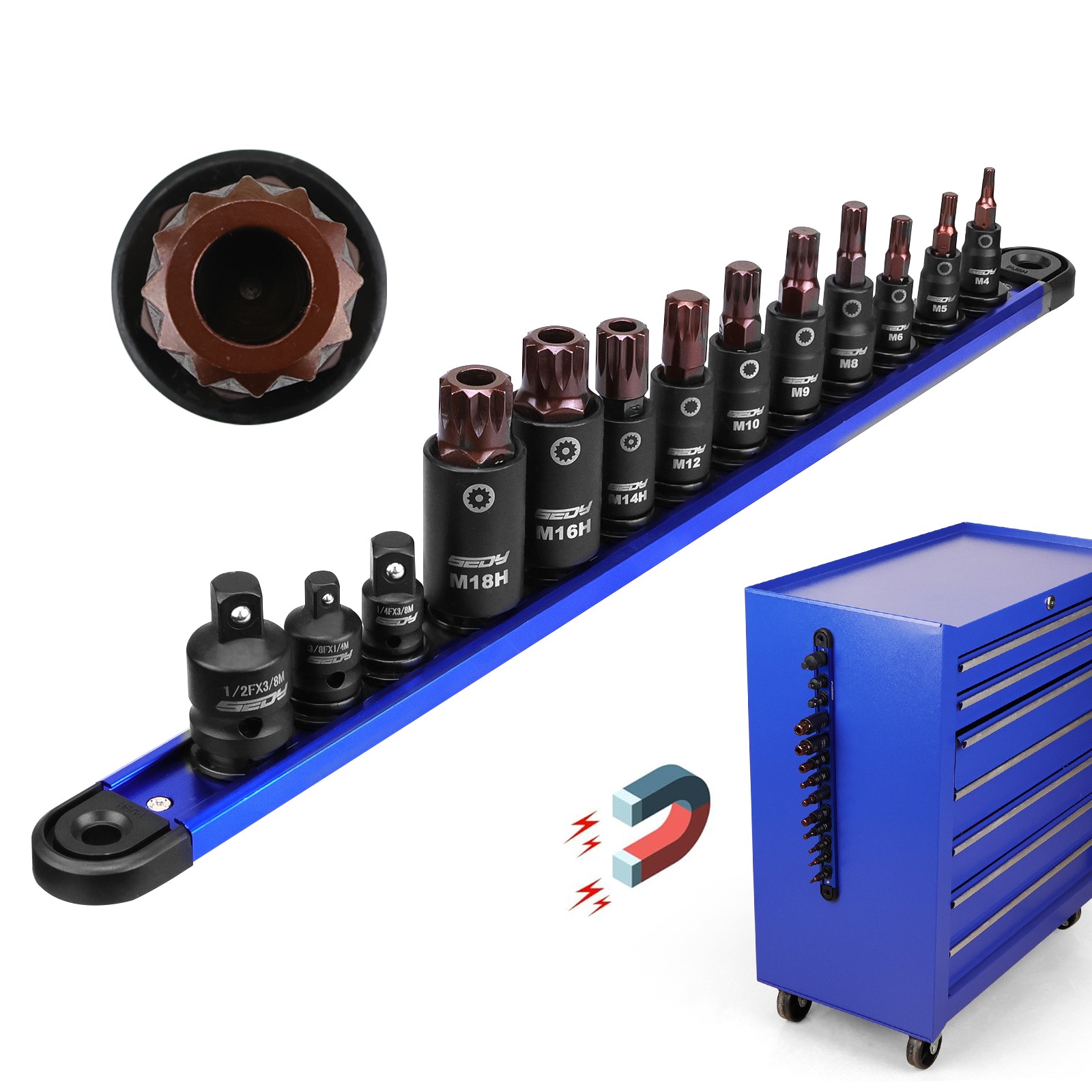 13PC Triple Square Spline Bit Socket Set M4-M8 Adapters 1/4 3/8 1/2 S2 Steel