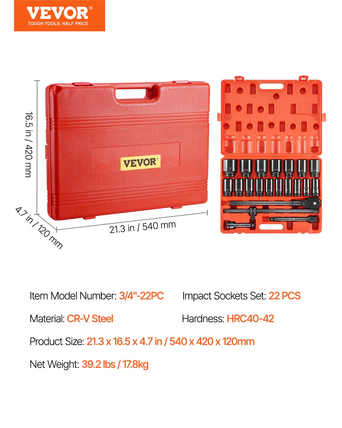 VEVOR Deep Impact Sockets Set 3/4 Inch , 13/16″ to 2″ SAE 6-Point Extension Bar
