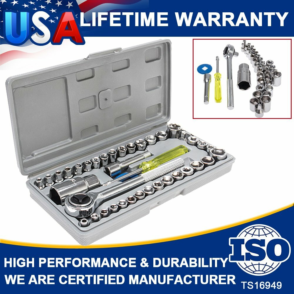 40Pcs Socket Tool 1/4» & 3/8″ Drive Ratchet Wrench Set W/Case For SAE & Metric