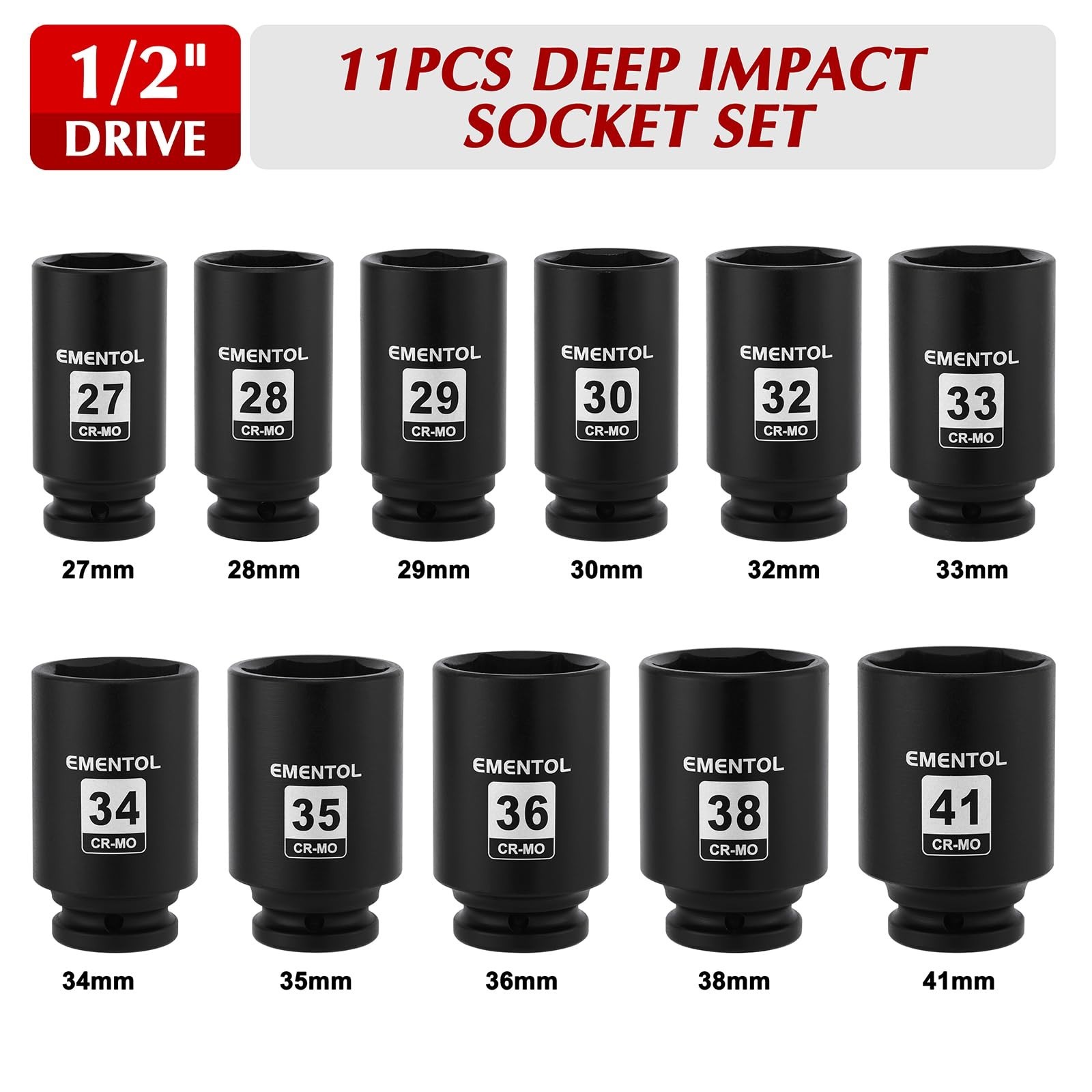 11PCS 1/2″ Drive Metric Spindle Axle Nut Impact Socket Set, CR-MO, 6 Point, 27mm