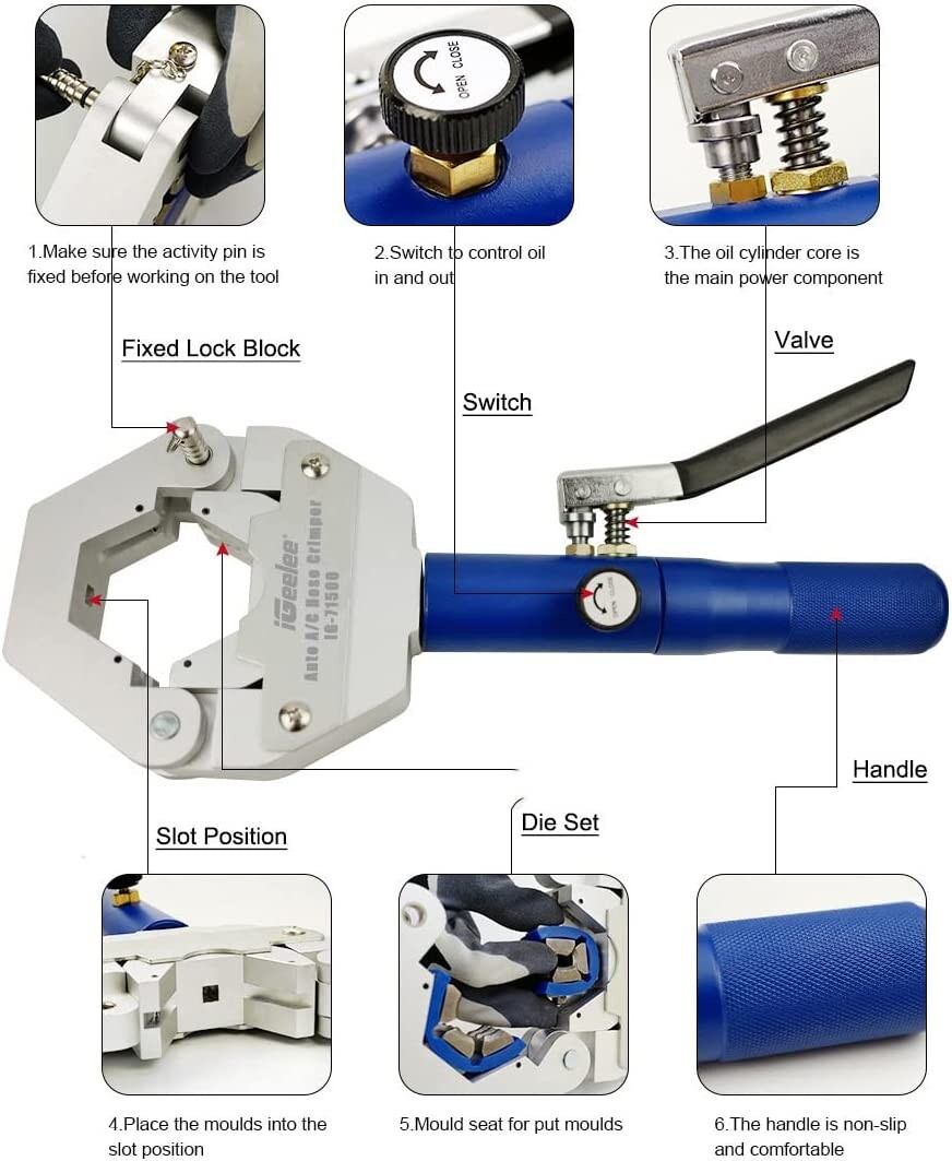Hydraulic Hose Crimper Tool with 7 Die Set for Vehicle AC Line Fitting Auto Shop