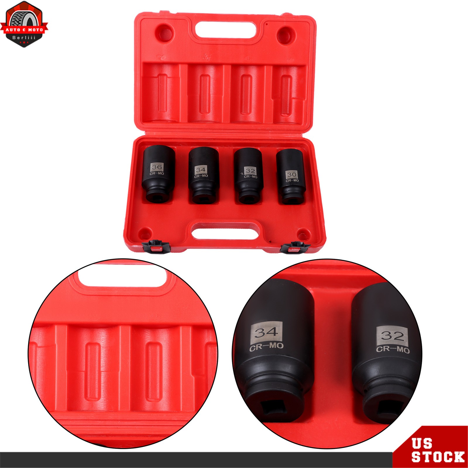 12 point 4pcs 1/2″ Drive Deep Spindle Axle Nut Socket Set MM 30mm 32mm 34mm 36mm