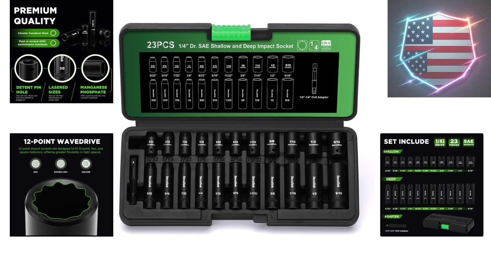 23 Pieces 1/4-Inch Drive Shallow and Deep 12-Point Impact Socket Set, CR-V, 5…