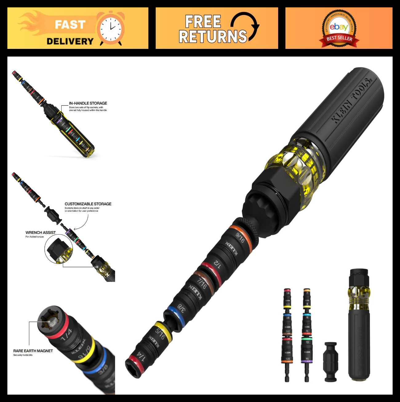 14-in-1 Impact Rated Flip Socket Set, Magnetic with Hex Drivers & Bit Holder, SA