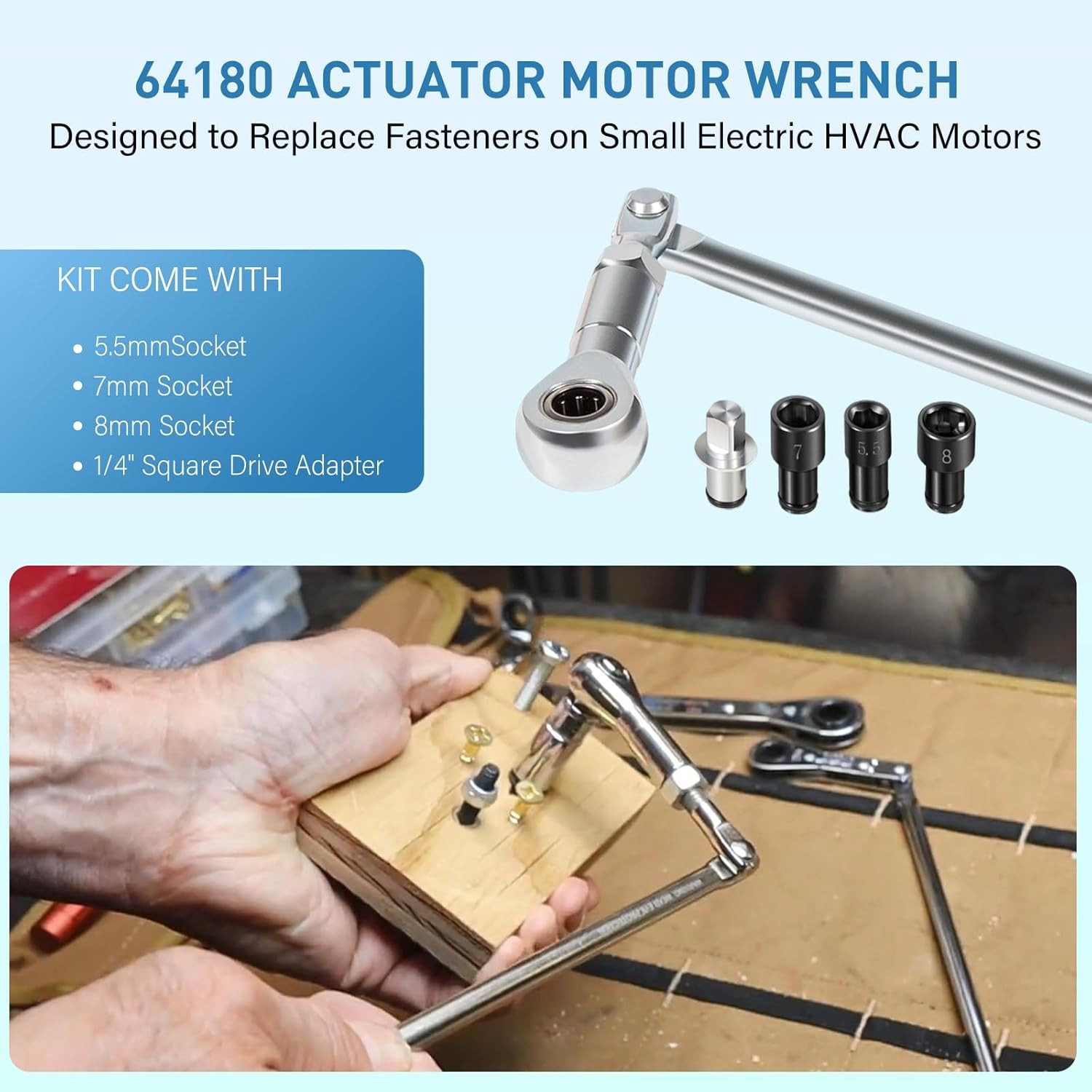 64180 Actuator Motor Wrench Kit Includes 5.5mm 7mm 8mm Socket &1/4″Drive Adapter