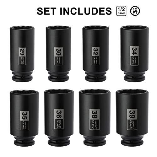 Deep Axle Nut Impact Socket Set,12Point Design Metric,29,30,32,34,35,36,38,39mm.