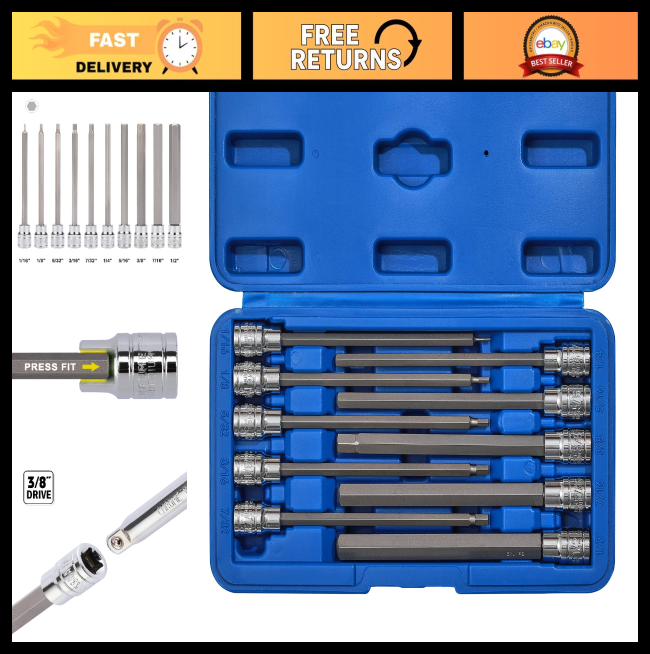 Extra Long 3/8″ Drive Allen Hex Bit Socket Set, 10 Pieces, SAE S2 & CR-V, 1/16″-