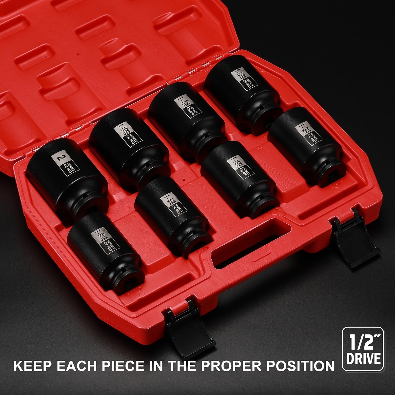8PC 1/2″ Drive Deep Impact Socket Set, 6 Point CR-MO Spindle Axle Nut, SAE 1-9/1