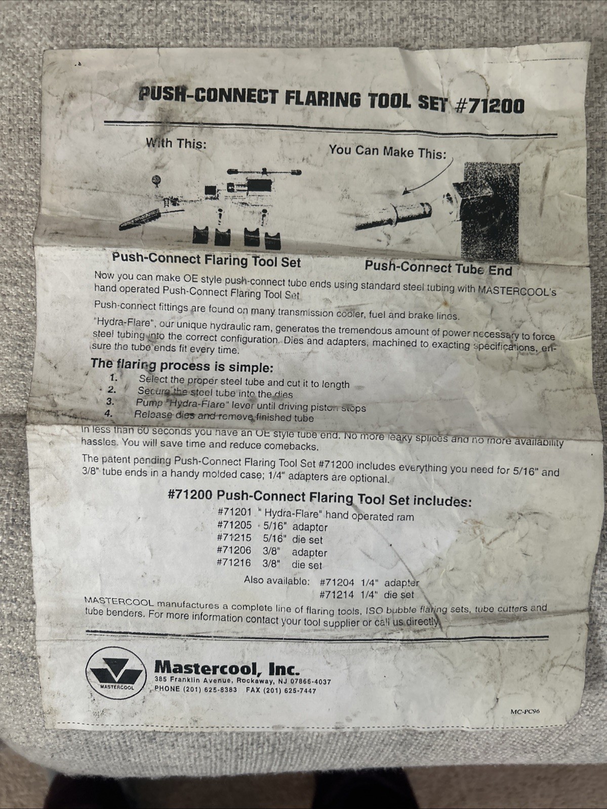 Mastercool 71200 Push Connect Flaring Tool Set N O S