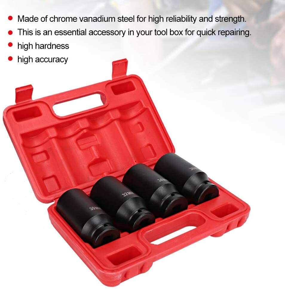 4pc 1/2″ Dr Deep Spindle Axle Nut Socket Set 12 POINT METRIC 30mm 32mm 34mm 36mm