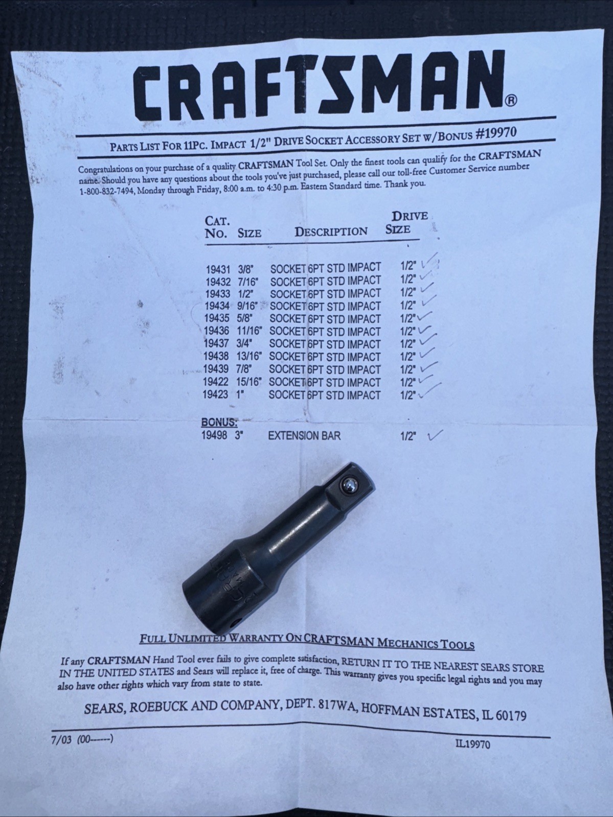 Sears Craftsman USA Nos Impact socket Set Catalog 1/2” Drive SAE 19970 GK